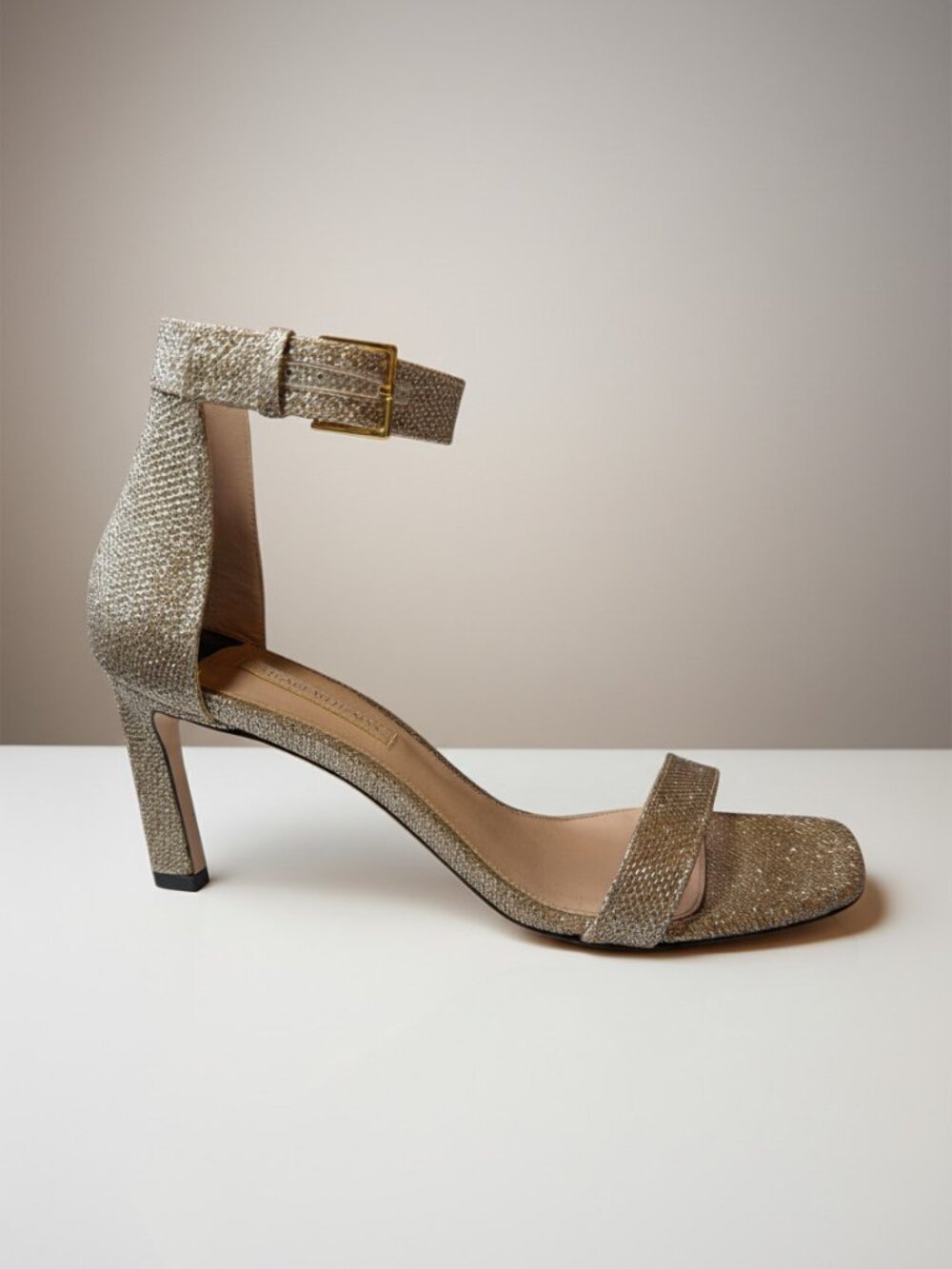 NIB Stuart Weitzman Square Nudist 75 Sandals Heels Metallic – – Size 7.5